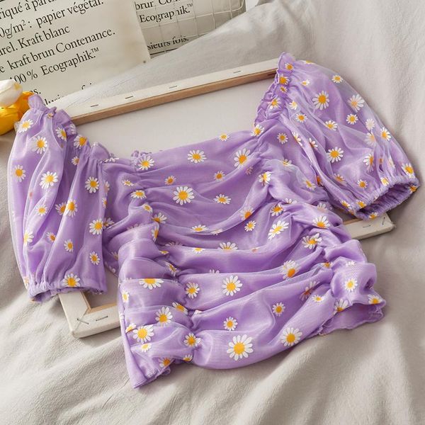 

women's blouses & shirts girls sweet slash neck short puff sleeve cropped print daisies chiffon stretchy blouse crop for female, White