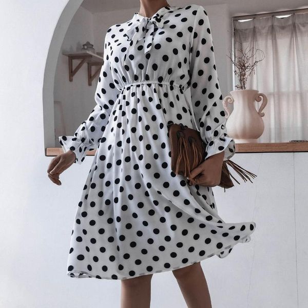 

casual dresses women long sleeves polka dot printed ruffles with bowtie collar pleated high waist midi elegant ladies vestidos robes, Black;gray