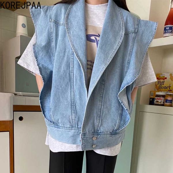 Korejpaa Donna Serbatoi Estate Coreano Chic Retro Risvolto Increspato Versatile Lavato Blu Denim Gilet Cardigan Giubbotti 210526