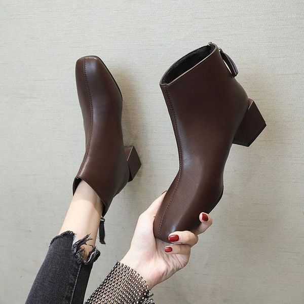 

boots vanmie women winter pu leather ankle fashion square toe for zipper heels short1, Black