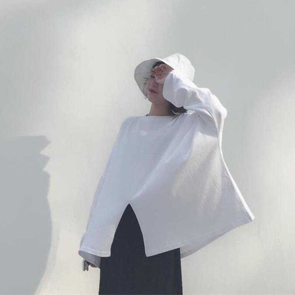 

women spring t-shirt long sleeve o neck cotton casual loose basic plain solid long pullover split irregular tee 210601, White