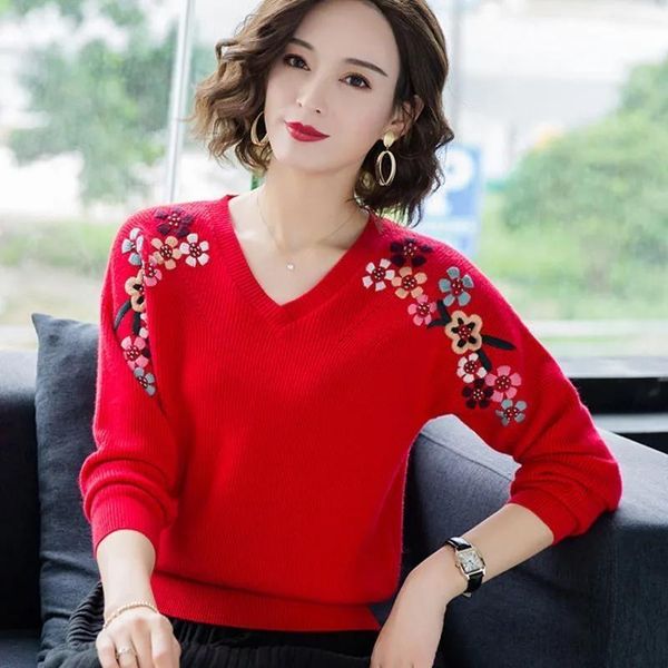 

women's sweaters 2021 autumn winter pullovers sweater v-neck printing long sleeve slim-fit solid soft casual basic top, White;black