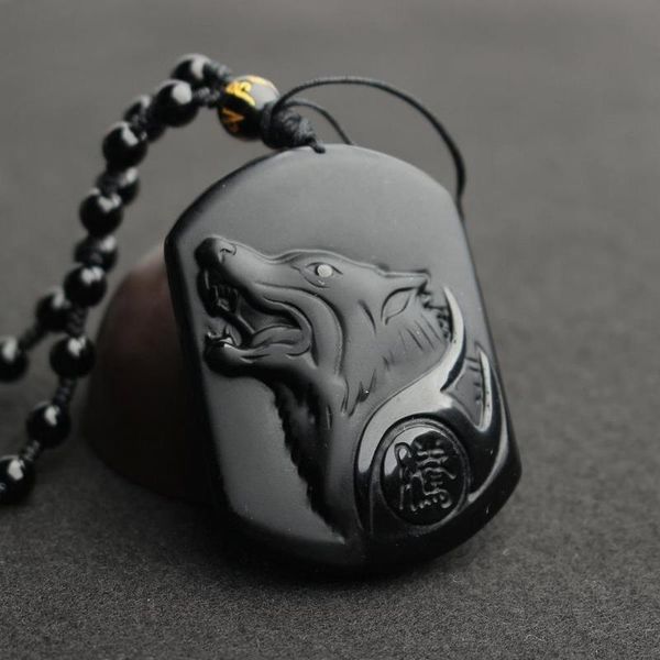 

pendant necklaces natural black obsidian carving wolf head amulet necklace blessing lucky pendants fashion jewelry birthday gifts, Silver