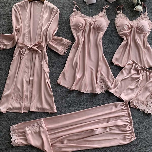 

womens sleepwears yinlinhe faux silk 5 piece robe set pajamas women sleevewear summer night wear short pijamas home, Black;red