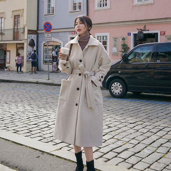 

women's wool & blends autumn and winter 2021 mid long style over the knee waist woolen coat for women, Black