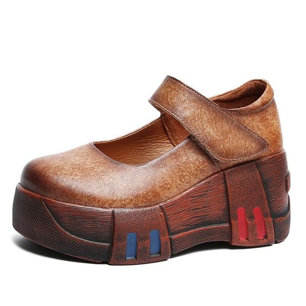 

dress shoes handmake platform leather women wedges pumps 2021 autumn genunine female casual on chunky heel loafers, Black