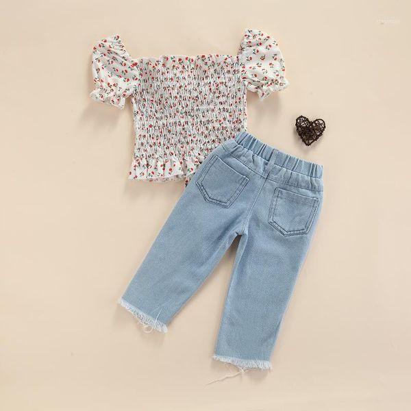 

clothing sets 2 pcs baby girl casual outfits floral square collar puff sleeve drawstring shirt + solid color frayed raw hem jeans with pocke, White