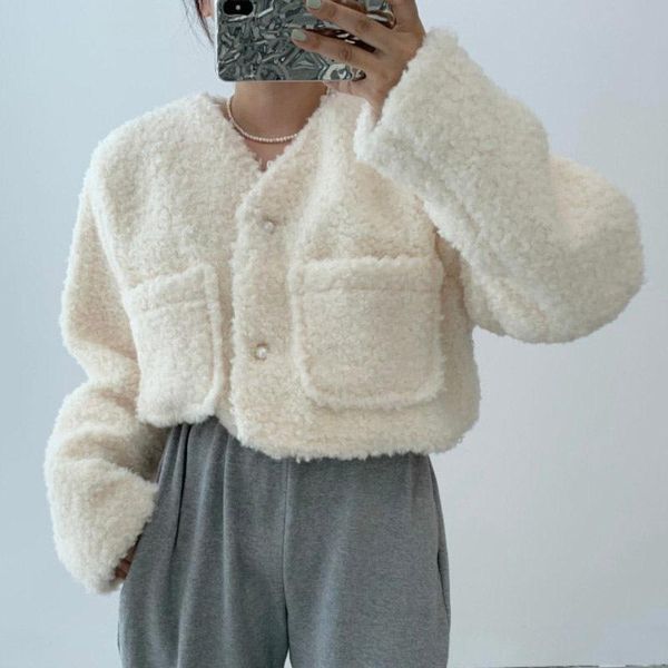 

women's jackets [ewq] creamy-white double pocket fashion short lamb wool jacket women autumn winter 2021 v-neck single breasted coat 16, Black;brown