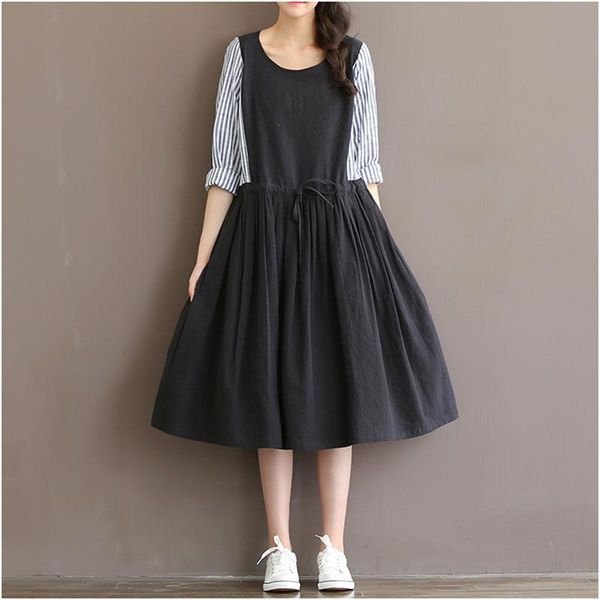 

casual dresses 2021 spring autumn women dress ethnic cotton linen loose plus size retro striped patchwork vestidos sf042, Black;gray