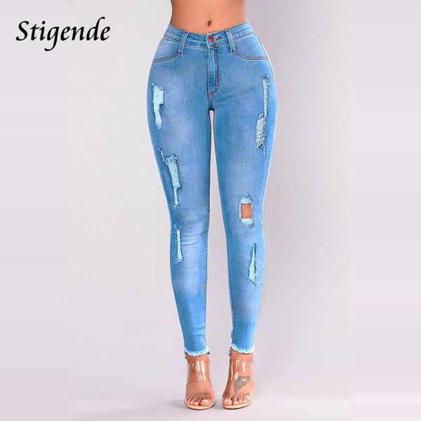 

women's jeans stigende women hollow out pencil casual slim ripped denim pants fashion shredded patchwork pocket stretch trouers, Blue