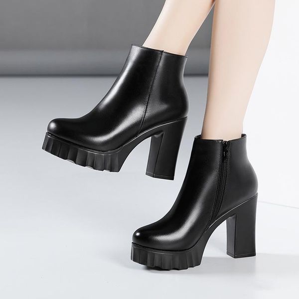 

boots small plus size 32-43 pointed head block high heels 2021 fall winter zip platform shoes women office work ankle, Black