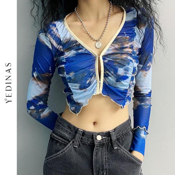 

yedinas tie dye blue crop women mesh t shirt long sleeves cropped cardigan v-neck designer slim t-shirts y2k aesthetic women's t-sh, White