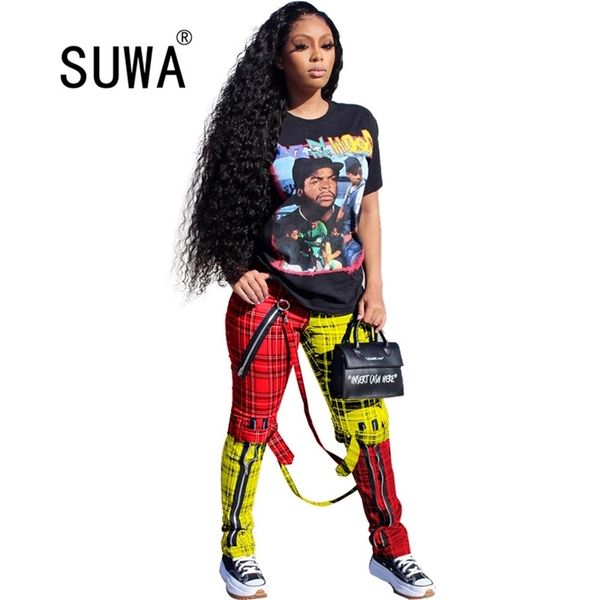 

contrast color splicing plaid print sweatpants women casual high waist zipper up bandage pant streetwear skinny cargo trousers 210525, Black;white
