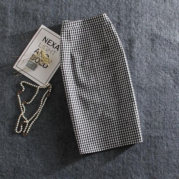 

skirts women pencil skirt korean style high waist chic stitching summer black white plaid mid office lady large size