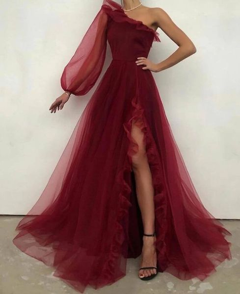 

burgundy a-line formal evening dress 2022 one shoulder long sleeve sweep train tulle with ruffles slit prom party gown robe de soiree vestid, Black;red