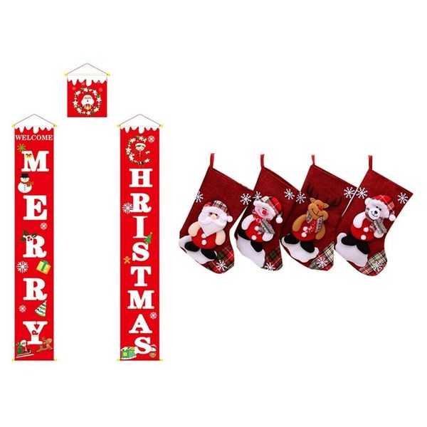 

set merry christmas porch door banner hanging ornament & 4pcs tree party xmas decor santa gift candy bags decoration