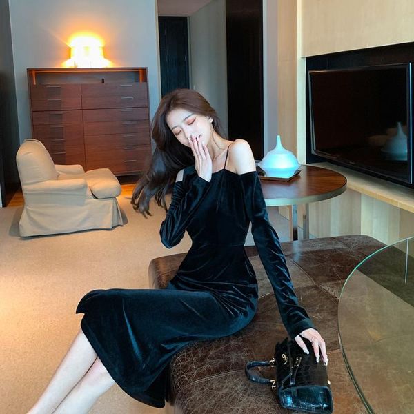 

full sleeve women dress solid high waist dresses black 3088 casual, Black;gray