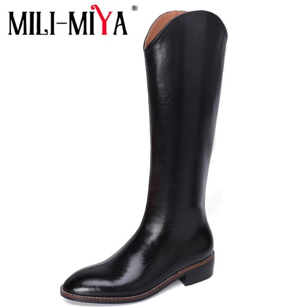 

boots mili-miya 2021 autumn winter women knee high leather round toe zipper low heels ladies female shoes big size, Black