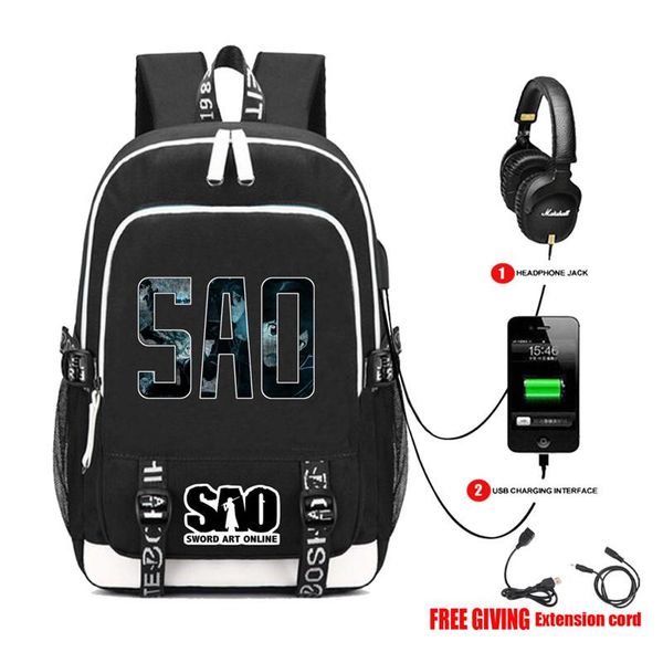 

backpack sao kirito sword art online book bag rucksack student school for boys girls travel usb port mochila black