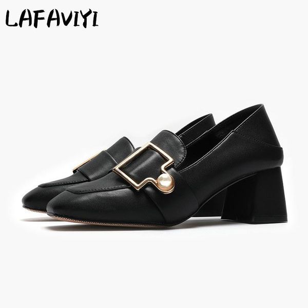 

dress shoes spring 2021 fashion pearl buckle pumps casual high-heeled loafers thick heels women's, Black
