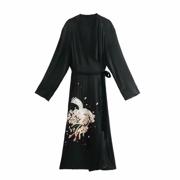 

casual dresses women sprint fashion phoenix embroidery black kimono long dress chic lady high waist with belt japan style vintage, Black;gray