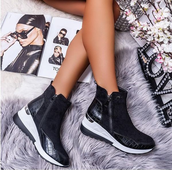 

warm plush winter boots chunky sneakers ankle women shoes ladys zipper buckle thick sole platform, Black