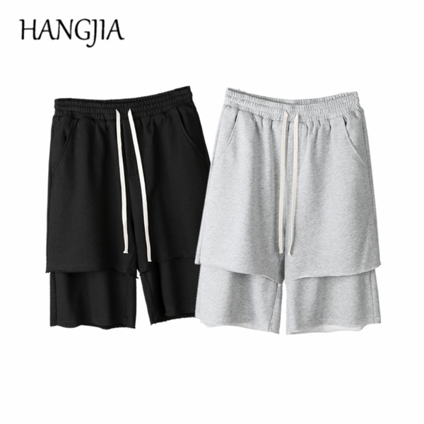

harem pants men shorts streetwear fashion fake two pieces sweat black gray loose casual knee length short terry trousers men's, White;black