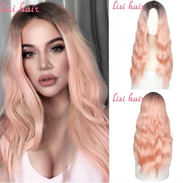 

synthetic wigs lisihair pink gradient wig long curly hair cosplay orange red natural wavy female african american wome, Black