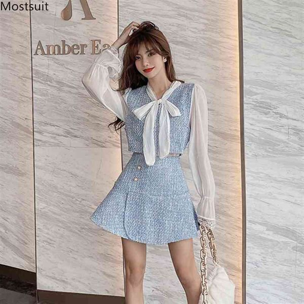 

spring autumn vintage elegant tweed two piece set for women chiffon patchwork fake + mini skirt sets ouitfit 210518, White
