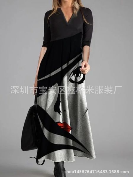 

luxury casual 2021 spring women's long sleeve pleated large print drs, Black;gray