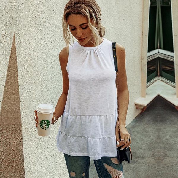 

women's t-shirt women fashion o neck ruffles 2021 spring summer sleeveless t shirt clothing, White