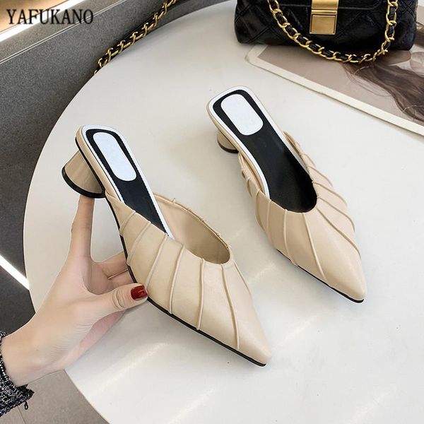 

summer pleated slippers slip on 3.5cm round heel shoes high heels women pumps mules slides sandals casual outdoor beach, Black