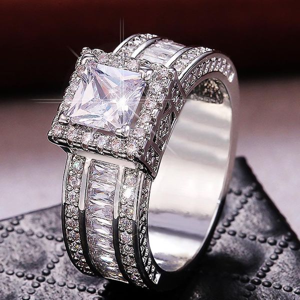 

wedding rings huitan gorgeous women princess cut white cubic zirconia proposal bridal female finger ring fashion jewelry, Slivery;golden
