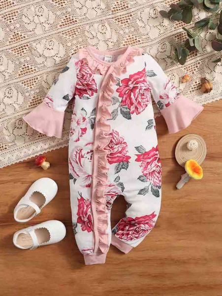 

baby floral ruffle trim flounce sleeve jumpsuit she, Blue