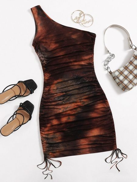 

one shoulder drawstring knot ruched tie dye dress k6fn#, Black;gray