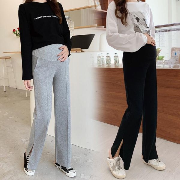 

2029# maternity pants spring autumn casual split comfy belly support elastic waist trousers bottoms, White
