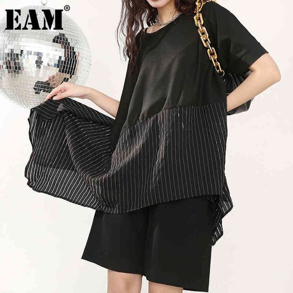 

[eam] women black striped asymmetrical big size t-shirt round neck short sleeve fashion spring summer js95301 21512, White