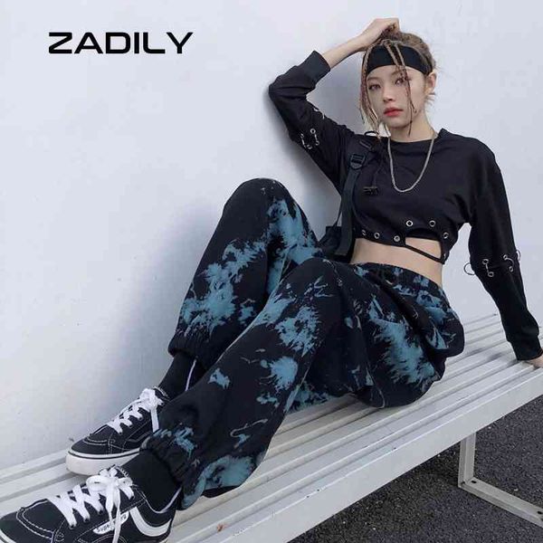 

zadily y2k street sytle elastic waist hip hop pants harajuku loose tie dye print women long summer female trousers 210521, Black;white