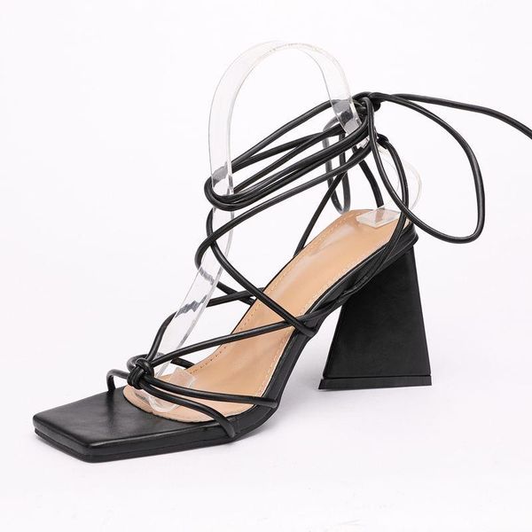 

sandals 2021 summer women fashion cross-tied strange high heels shoes square toe lace-up party pumps size 41 42, Black