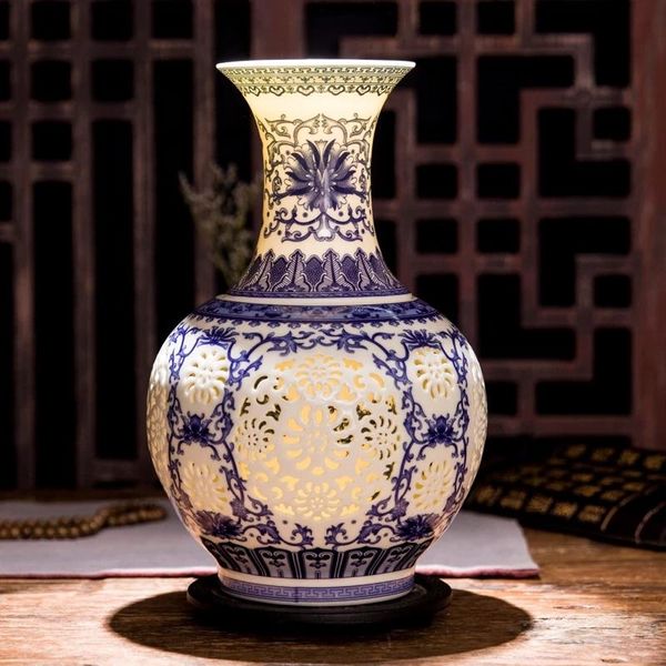 

jingdezhen hollow ceramic vase chinese blue and white pierced living room decoration porcelain flower vases