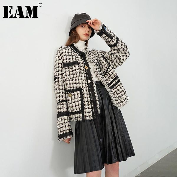 

[eam] loose fit black plaid tweed big size jacket lapel long sleeve women coat fashion tide autumn winter 2021 1dd0139 women's jackets, Black;brown