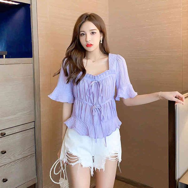 

dress womens and blouses summer women shirts trumpet ruffle short sleeve chiffon shirt plus size, White