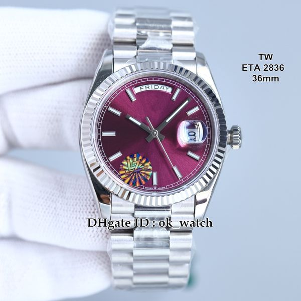 

tw 36mm eta 2836 118239 cherry dial automatic womens watch sapphire week date ladies fashion watches stainless steel bracelet 4 colors, Slivery;brown