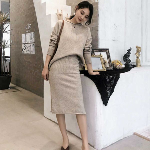 

autumn and winter ladies knit women's sets solid color loose large size knitted pullover casual high waist skirt set 210527, White