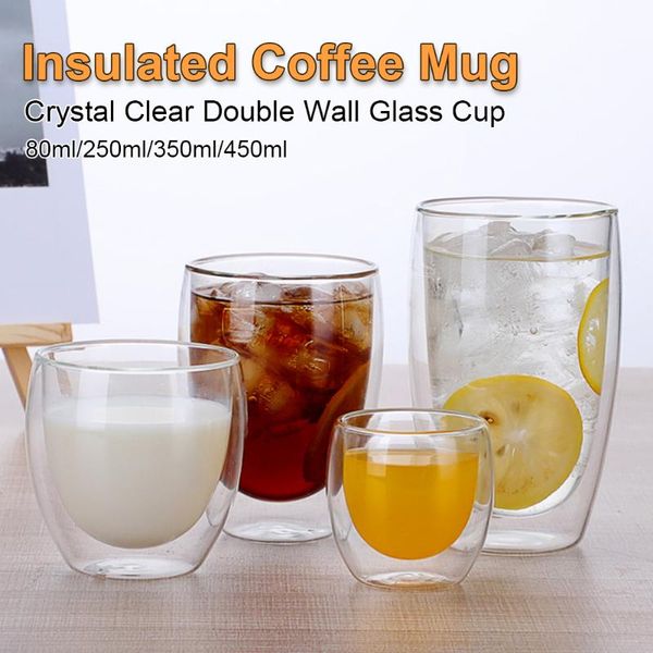 

wine glasses 1/2/4/6pcs double wall glass clear heat resistant tea drink cups 80 250 350 450ml healthy mug coffee whiskey