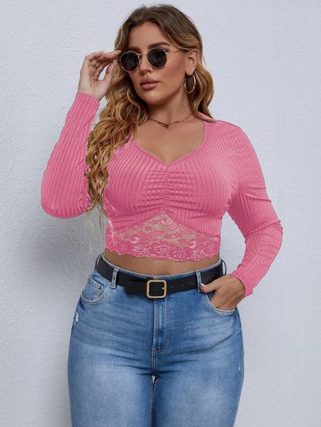 

plus contrast lace ruched crop tee v13h#, Black