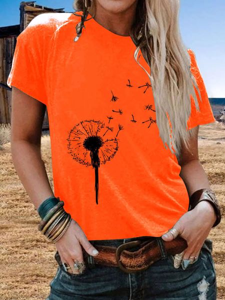 

women's t-shirt dx100057 round neck dandelion print short sleeve cczl, White