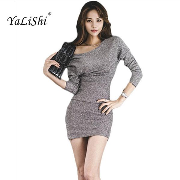 

casual dresses 2021 autumn women dress office long sleeve slash neck slim club party bandage bodycon package hip vestidos, Black;gray