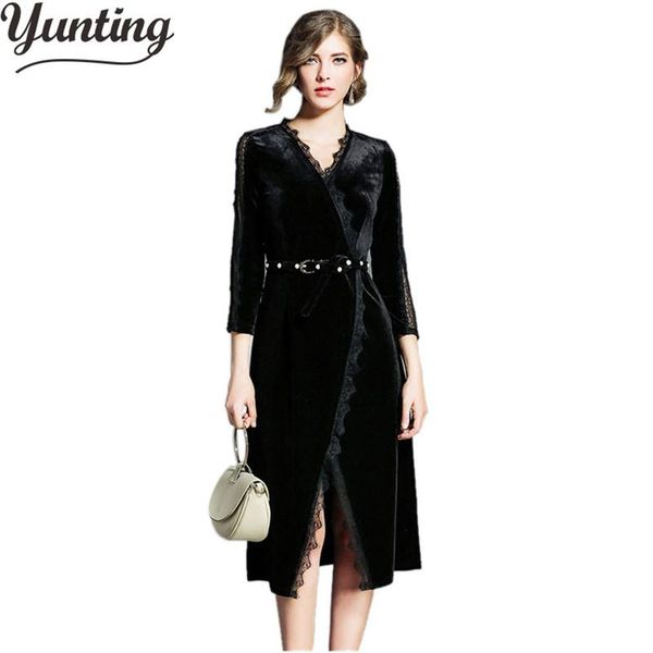

casual dresses high-end brand formal office party womens pleated knee-length femme long sleeves lace velvet dress 2021, Black;gray