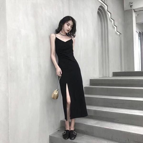 

summer black camisole womens dress v neck long slit vestido de mujer femme robe, Black;gray